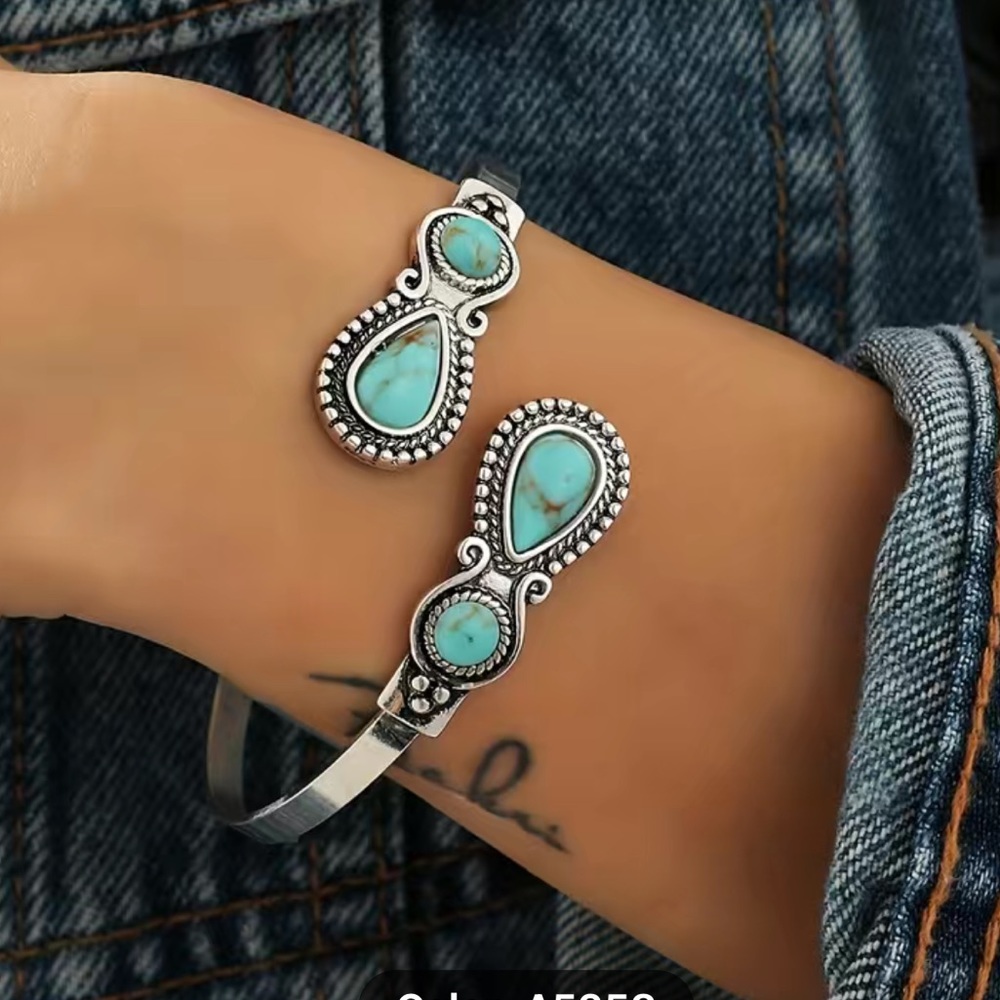 New! Boho Style Western Turquoise Stone Antique‎ Cuff Bangle Bracelet